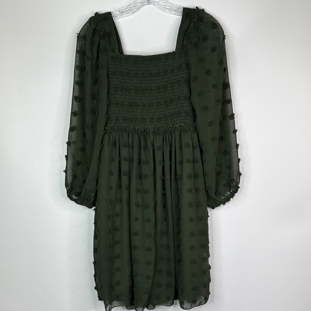BTFBM Green Square Neck Smocked Swiss Dot Mini Boho Dress Size Small